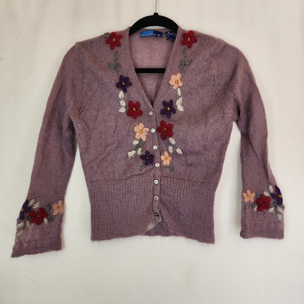 Phillip Chi Purple Mohair Wool Blend Embroidered Cardigan Cottagecore Boho Sz M